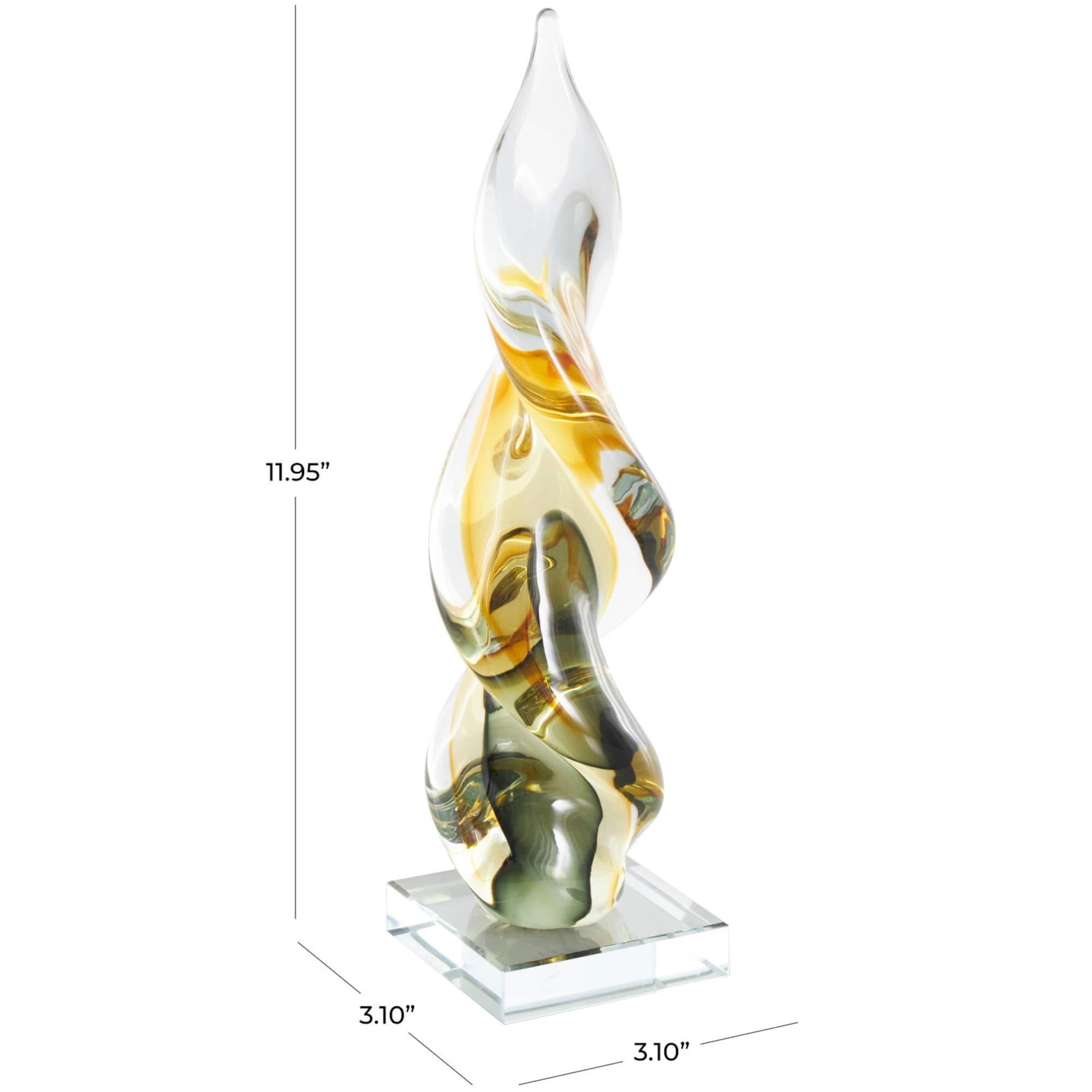 12" Clear, Yellow & Green Abstract Glass Sculpture
